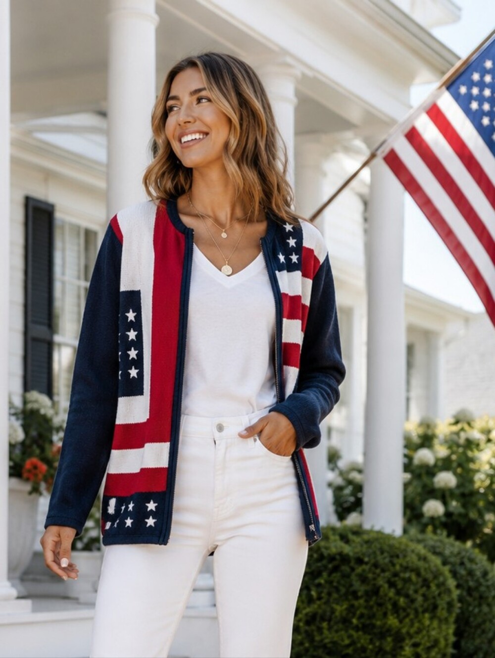 American Flag Sweater Women's Red, White, and Blue Star